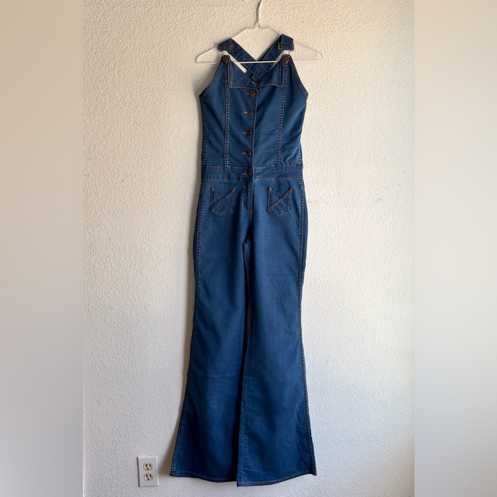 NEW Nightcap x Free People Iconic Blue Denim jumpsuit Sz 2 Vintage Hippie 70’s